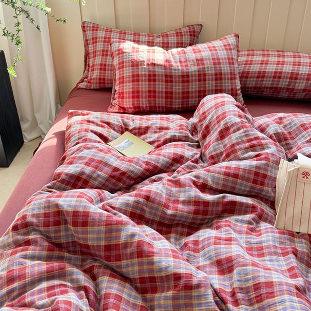 Wholesale INS American Retro Plaid Soft Double Layer Crinkled 4-Piece British Style Pure Cotton Four-Piece Set_maomaolike.com