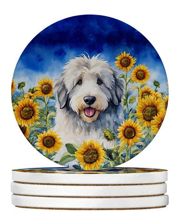 Old English Sheepdog In Sunflowers Large Sandstone Coasters Pack Of 4 Absorbent Round Coasters Decor Gifts For Men Or Women, 4 In, Multicolor_maomaolike.com