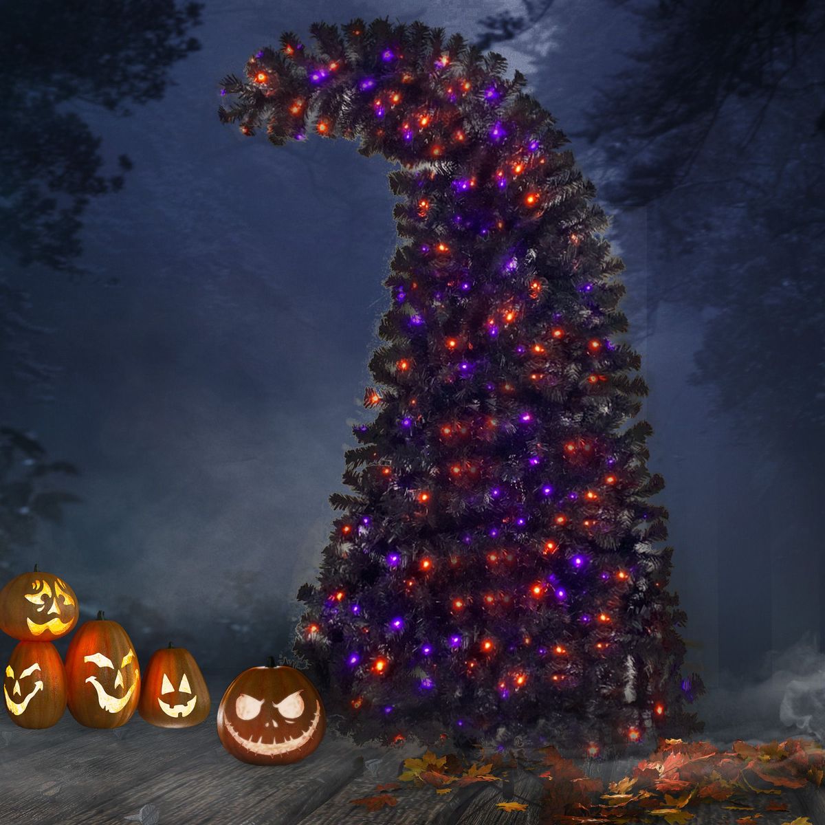 6FT Artificial Fir Bent Top Halloween Christmas Tree, Xmas Tree Bendable Grinch Style Christmas Tree Holiday Decoration W/1,080 Lush Branch Tips, 300 LED Lights X-mas Halloween Style_maomaolike.com