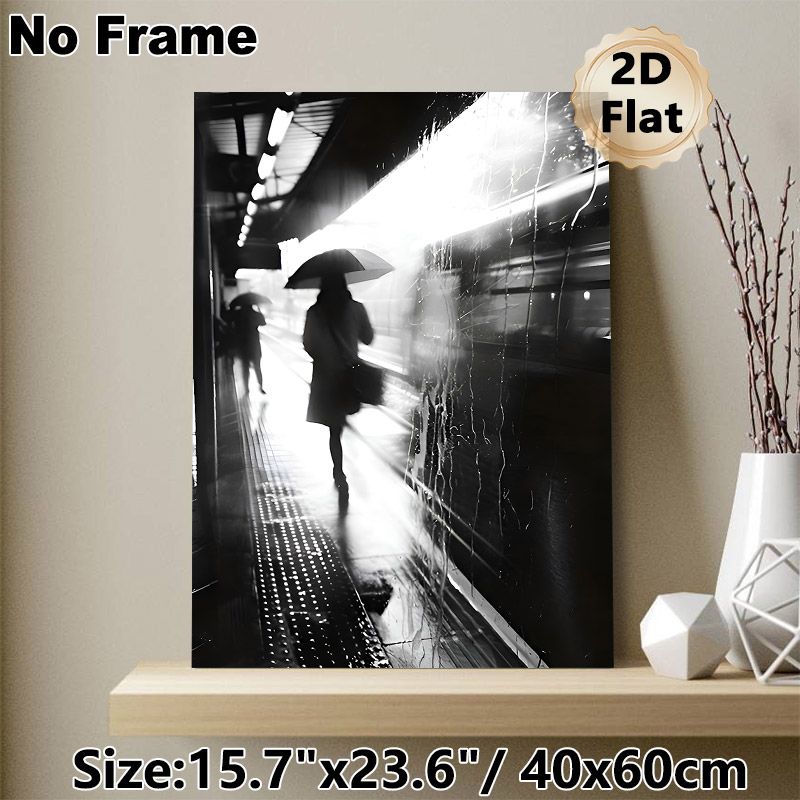 Rainy Subway Station Painting Poster, Monochrome Moody Urban Silhouette Poster, Captures Tranquil Rainy-day Urban Vibe, Ideal For Living Room, Office_maomaolike.com