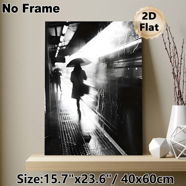 Rainy Subway Station Painting Poster, Monochrome Moody Urban Silhouette Poster, Captures Tranquil Rainy-day Urban Vibe, Ideal For Living Room, Office_maomaolike.com