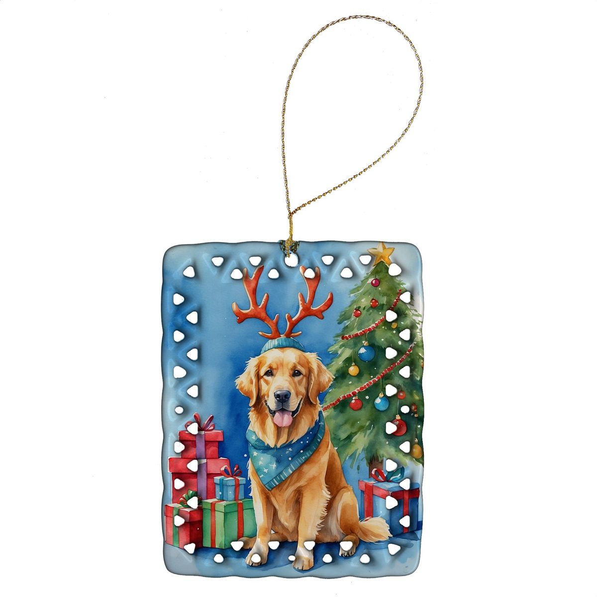 Golden Retriever Christmas Reindeer Porcelain Ornament Christmas Tree Hanging Decorations For Home Christmas Holiday, Rectangle, Gift, Multicolor_maomaolike.com