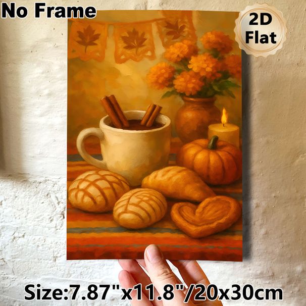 Autumn Still Life Painting Poster, Warm-toned Oil Painting Style Poster, Cozy Fall Scene With Mug, Pastries, Pumpkin And Marigolds, Inviting Decor For_maomaolike.com