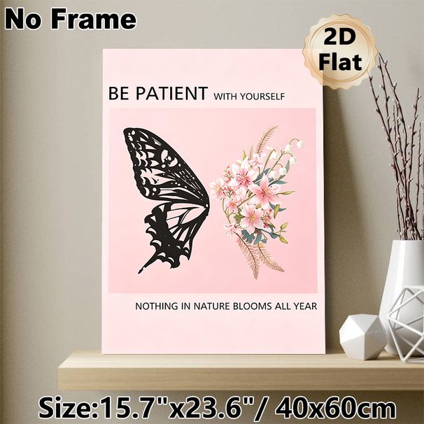 Butterfly & Floral Themed Inspirational Painting Poster, Soft Pink-toned Half Butterfly Silhouette With Blooming Flowers Poster, Gentle Motivational_maomaolike.com