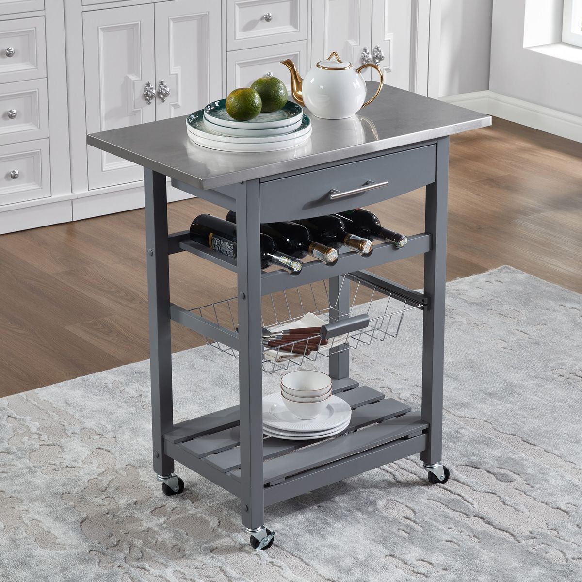 Mobile Rolling Kitchen Island Trolley Serving Cart With Underneath Drawer & Slide-Out Wire Storage Basket_maomaolike.com