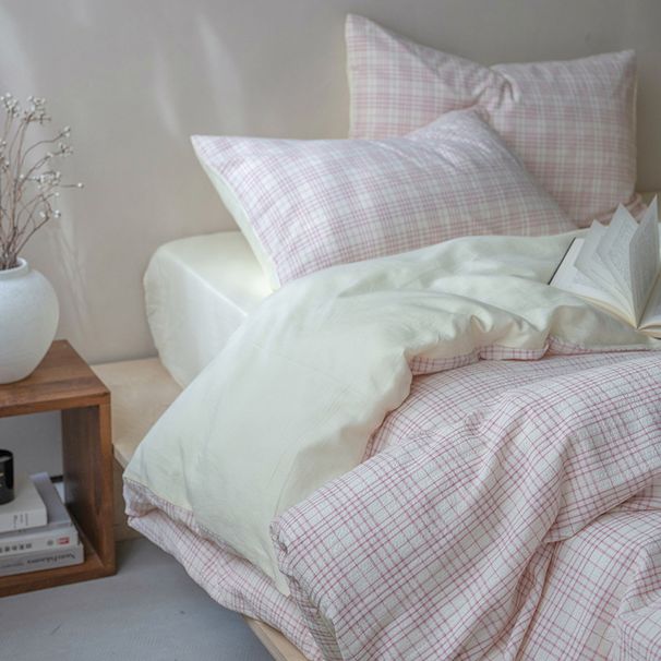 Wholesale INS Japanese Girl Pink Plaid Four-Piece Nordic Style Full Yarn-Dyed Jacquard Washed Cotton 4-Piece Set_maomaolike.com