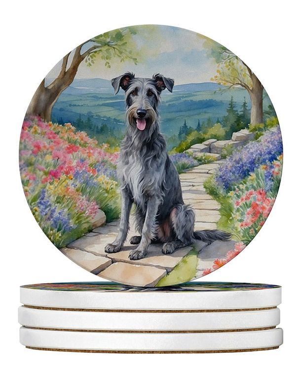 Scottish Deerhound Spring Path Large Sandstone Coasters Pack Of 4 Absorbent Round Coasters Decor Gifts For Men Or Women, 4 In, Multicolor_maomaolike.com