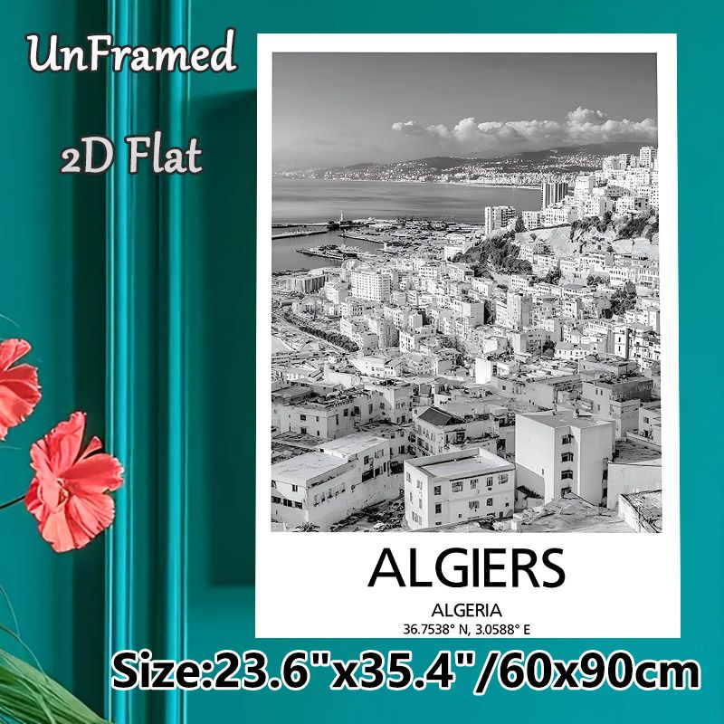 Algiers Coastal City Painting Poster, Monochrome Minimalist Urban Coastal Scene Poster, Sleek Timeless Decor Ideal For Living Room, Office, Bedroom_maomaolike.com