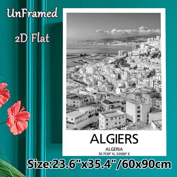 Algiers Coastal City Painting Poster, Monochrome Minimalist Urban Coastal Scene Poster, Sleek Timeless Decor Ideal For Living Room, Office, Bedroom_maomaolike.com