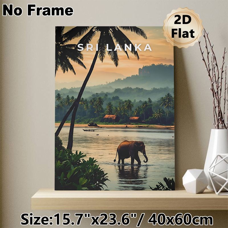 Sri Lanka Tropical River Landscape Painting Poster, Warm-toned Serene Scenery Poster, Features Elephant Wading In River, Palm Trees & Riverside Huts_maomaolike.com