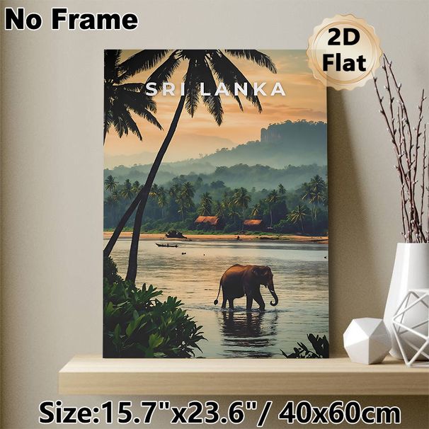 Sri Lanka Tropical River Landscape Painting Poster, Warm-toned Serene Scenery Poster, Features Elephant Wading In River, Palm Trees & Riverside Huts_maomaolike.com