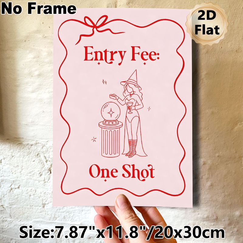 Witch Themed "Entry Fee: One Shot" Painting Poster, Minimalist Red Line Art Poster, Playful Witch With Crystal Ball Design, Fun Party Decor For Home_maomaolike.com