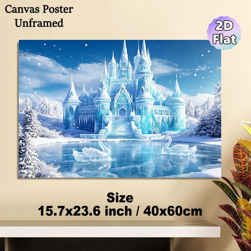 Ice Castle Painting Poster, Enchanting Icy Fantasy Scene With Ice Swans & Snowy Trees Poster, Magical Winter-themed Decor Ideal For Bedroom, Living_maomaolike.com