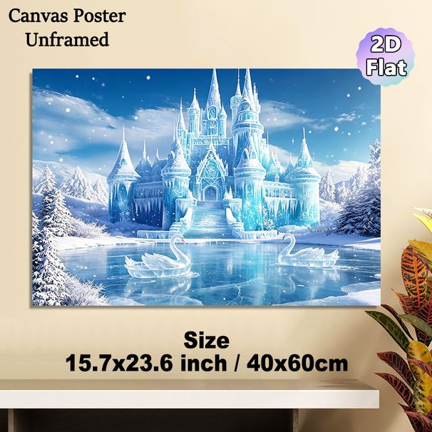 Ice Castle Painting Poster, Enchanting Icy Fantasy Scene With Ice Swans & Snowy Trees Poster, Magical Winter-themed Decor Ideal For Bedroom, Living_maomaolike.com
