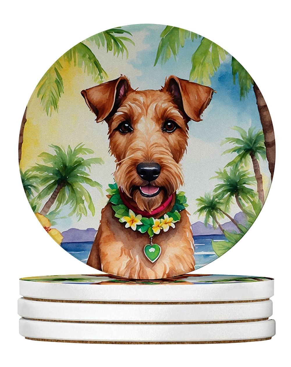 Irish Terrier Luau Large Sandstone Coasters Pack Of 4 Absorbent Round Coasters Decor Gifts For Men Or Women, 4 In, Multicolor_maomaolike.com