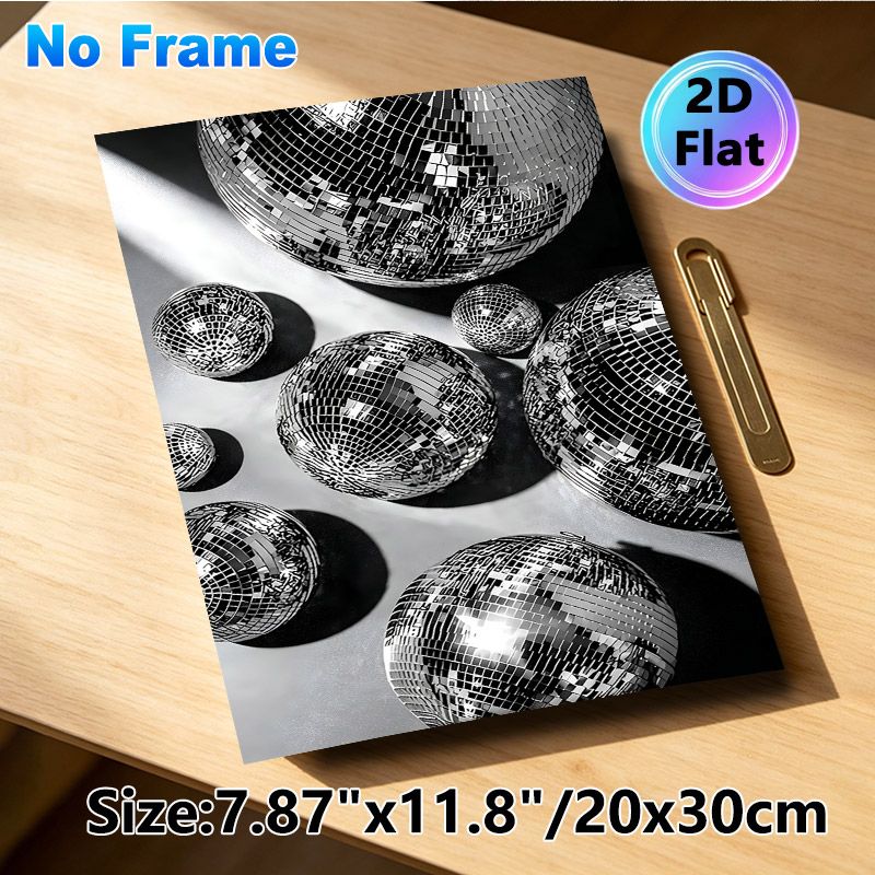 Disco Ball Themed Painting Poster, Monochrome Sleek Mirrored Disco Balls Poster, Brings Retro Stylish Vibe, Suitable For Living Room, Bar Or Party_maomaolike.com