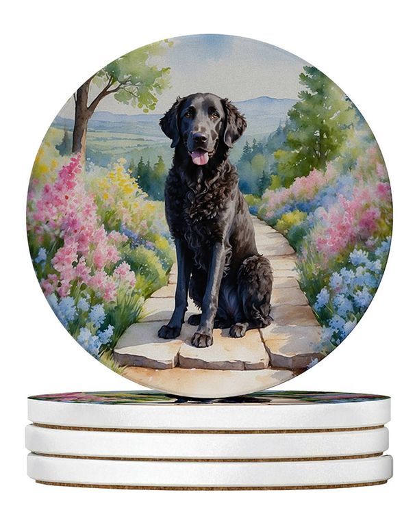 Curly-Coated Retriever Spring Path Large Sandstone Coasters Pack Of 4 Absorbent Round Coasters Decor Gifts For Men Or Women, 4 In, Multicolor_maomaolike.com