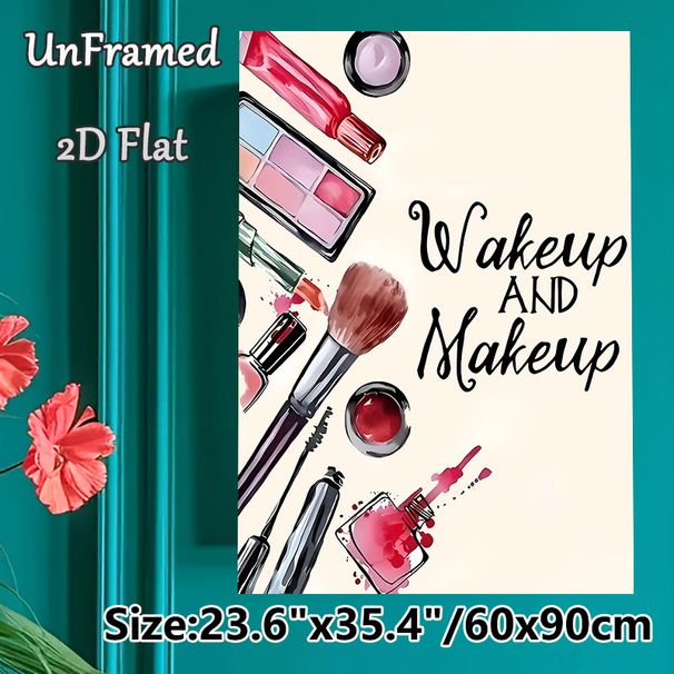 Makeup Themed Painting Poster, Watercolor Style Cosmetic Items & Typography Poster, Stylish Decorative Piece Ideal For Dressing Room, Vanity Area_maomaolike.com
