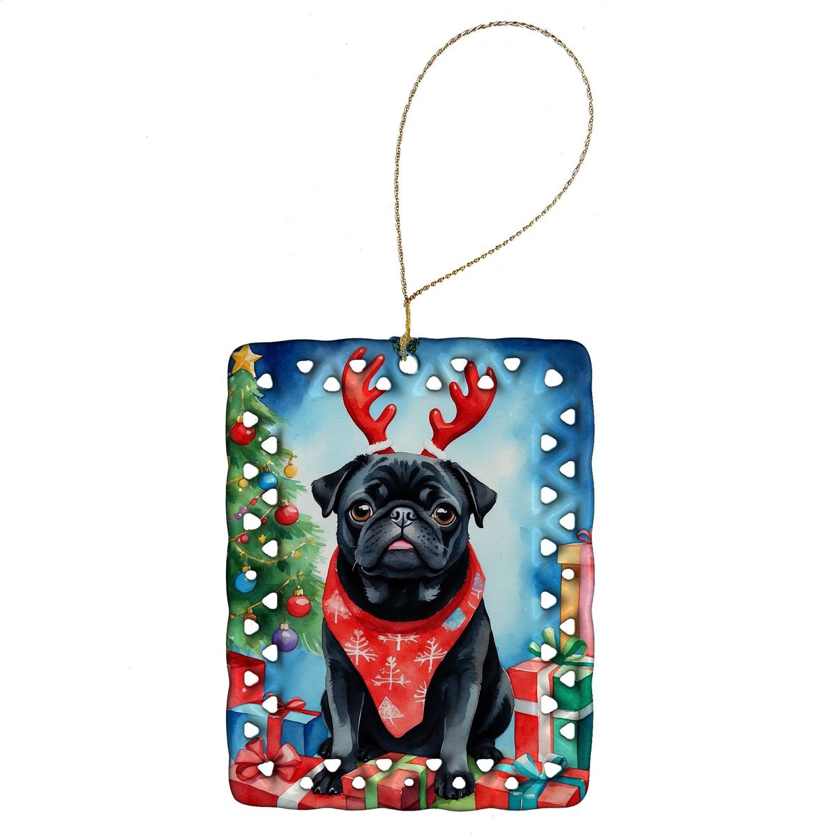 Black Pug Christmas Reindeer Porcelain Ornament Christmas Tree Hanging Decorations For Home Christmas Holiday, Rectangle, Gift, Multicolor_maomaolike.com