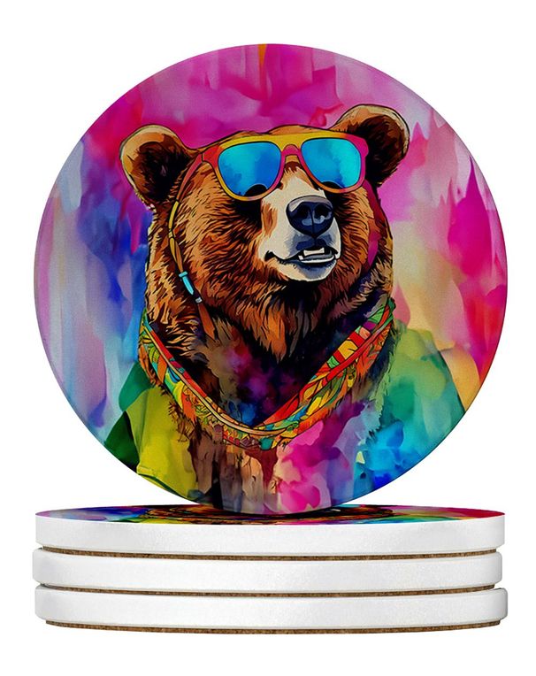 Hippie Animal Grizzly Bear Large Sandstone Coasters Pack Of 4 Absorbent Round Coasters Decor Gifts For Men Or Women, 4 In, Multicolor_maomaolike.com