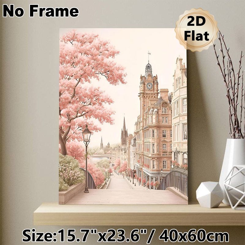 Cherry Blossom European Town Scenery Painting Poster, Soft-toned Pastel Romantic Street View Poster, Brings Warm Tranquil Ambiance, Ideal For Living_maomaolike.com