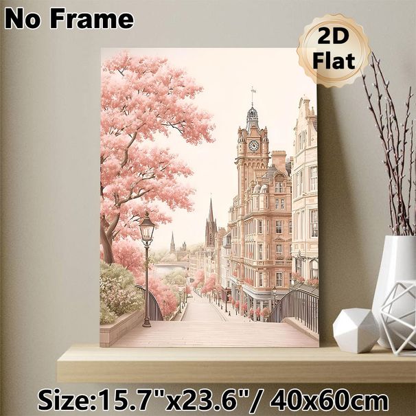 Cherry Blossom European Town Scenery Painting Poster, Soft-toned Pastel Romantic Street View Poster, Brings Warm Tranquil Ambiance, Ideal For Living_maomaolike.com