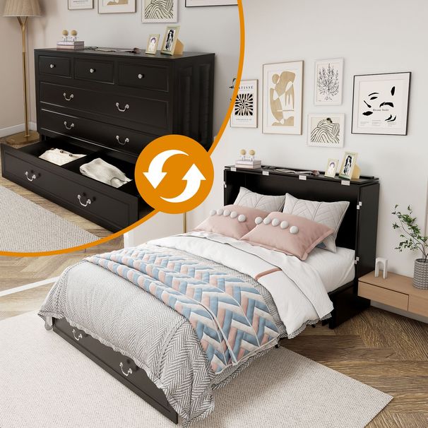Queen Size Murphy Bed Frame With Drawers Murphy Chest Bed With Charging Station, 2 USB Ports Mobile Murphy Bed Sleeping Arrangement For Multipurpose Area For Bedroom Living Room Guest Room White&Wood_maomaolike.com