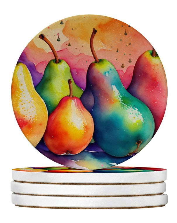 Colorful Pears Large Sandstone Coasters Pack Of 4 Absorbent Round Coasters Decor Gifts For Men Or Women, 4 In, Multicolor_maomaolike.com