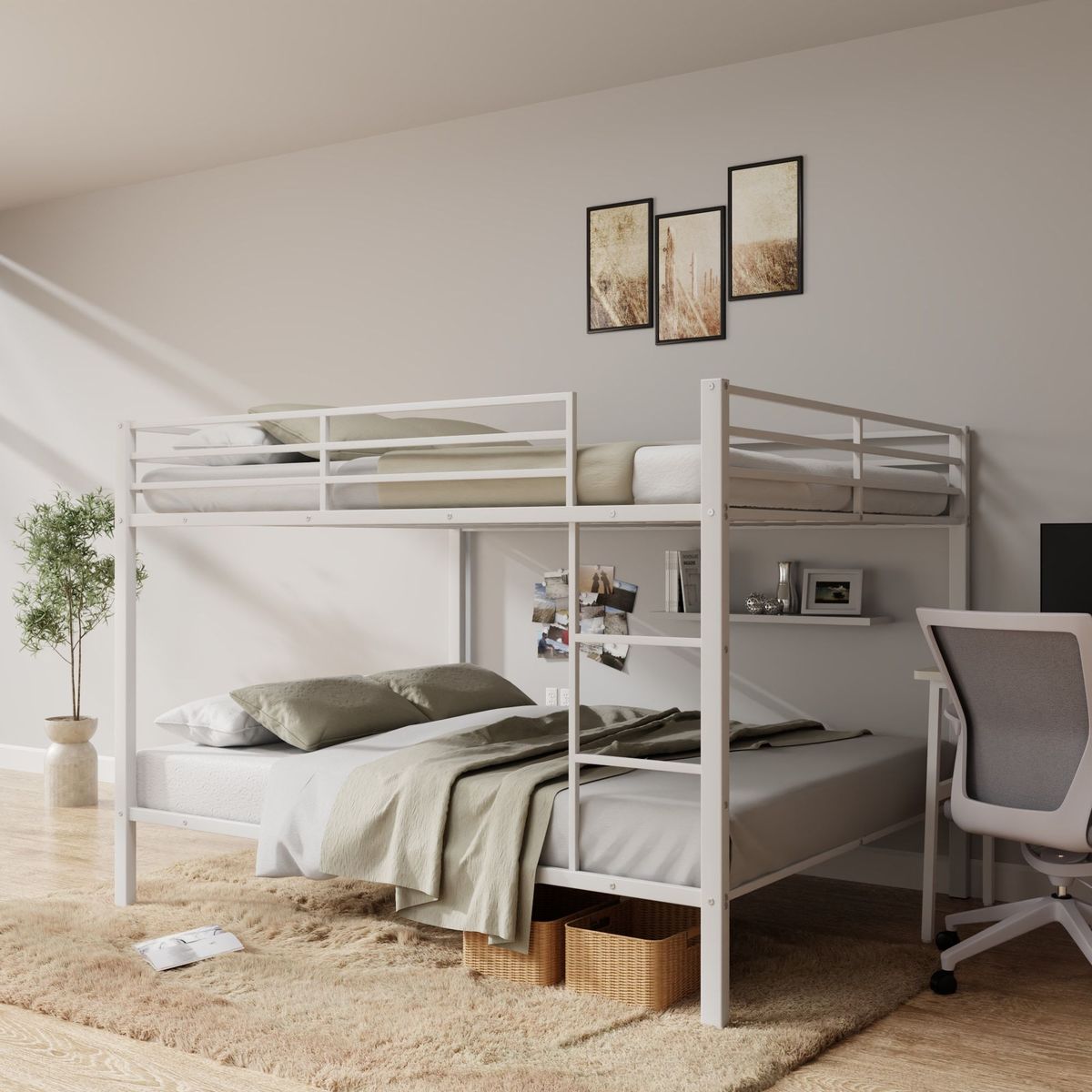 Full Over Full Bunk Bed, Heavy Duty Metal Bunk Bed Frame With Built-in Ladder And Safety Guard Rail, Low Metal Bunk Bed Frame For Kids, No Boxspring Required, For Small Spaces, White_maomaolike.com