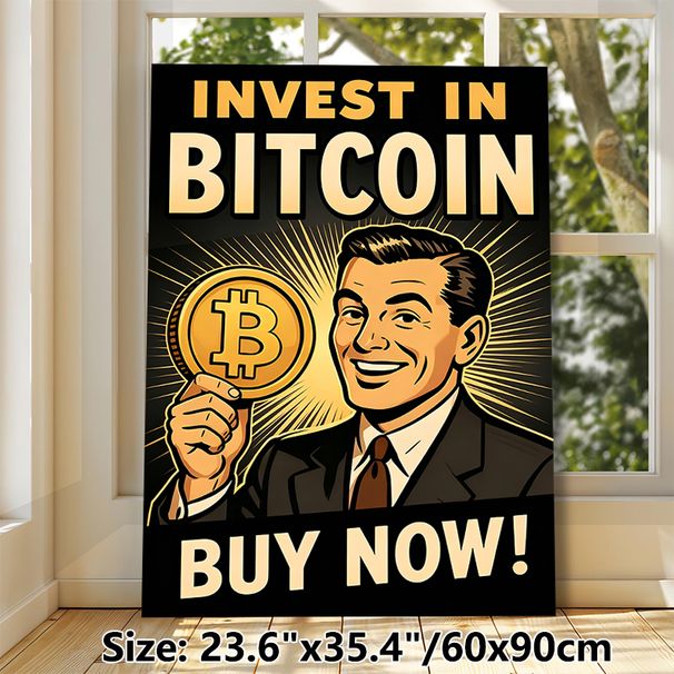 Bitcoin Investment Painting Poster, Vintage Retro Style Poster, Eye-catching Crypto-themed Design With Bold Text And Smiling Man Holding Bitcoin_maomaolike.com