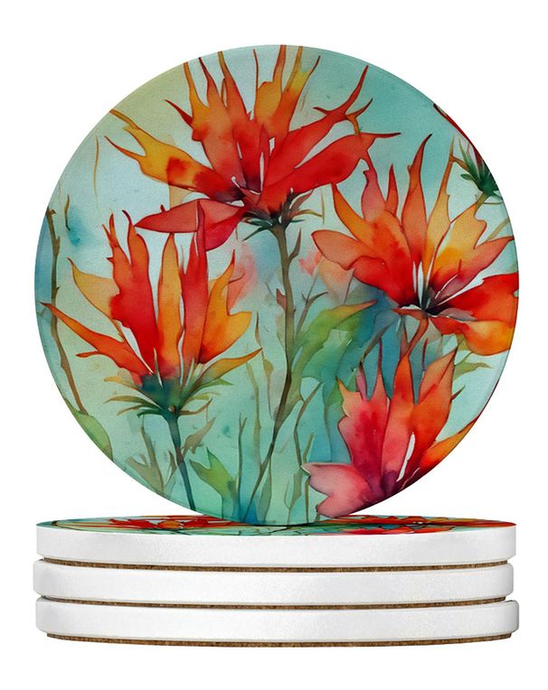 Wyoming Indian Paintbrush In Watercolor Large Sandstone Coasters Pack Of 4 Absorbent Round Coasters Decor Gifts For Men Or Women, 4 In, Multicolor_maomaolike.com