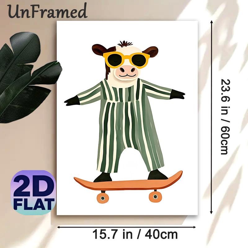 Skateboarding Cow Painting Poster, Cute Cartoon Style Poster, Whimsical Design Featuring Cow In Striped Overalls With Sunglasses On Skateboard, Ideal_maomaolike.com