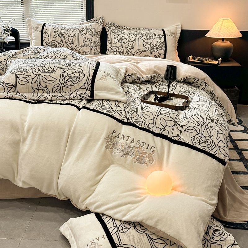 Light Luxury Style Carved Thickened Milk Velvet Four-Piece Set Winter Warm Double-Sided Flannel Edge Quilt Cover With Fleece Bed S_maomaolike.com