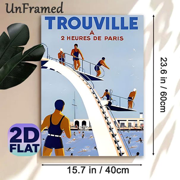 Trouville Retro Pool & Water Slide Painting Poster, Vintage Travel Style Poster, Nostalgic Seaside Leisure Decor Idea For Living Room, Coastal Spaces_maomaolike.com