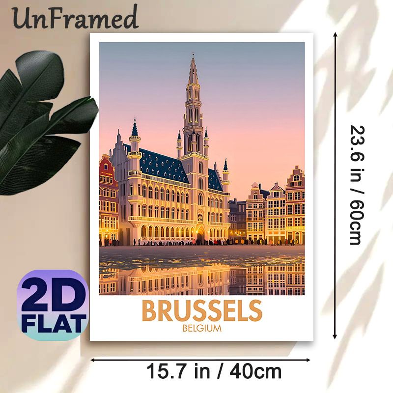 Brussels Cityscape Painting Poster, Warm-toned Retro Travel-style Poster, Beautiful Historic Square Sunset Scene With Water Reflection, Suitable For_maomaolike.com