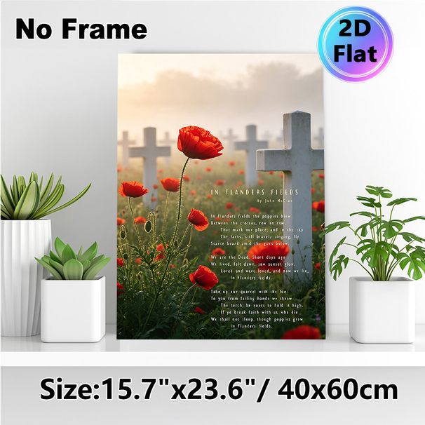 In Flanders Fields Poppy & Cross Painting Poster, Misty Sunlit Poppy Field With Crosses And Classic Poem Poster, Commemorative Decor Ideal For Home_maomaolike.com
