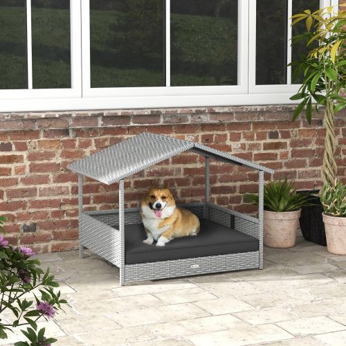 PawHut Wicker Dog House Outdoor With Canopy, Rattan Dog Bed With Water-resistant Cushion, For Small And Medium Dogs, Gray_maomaolike.com