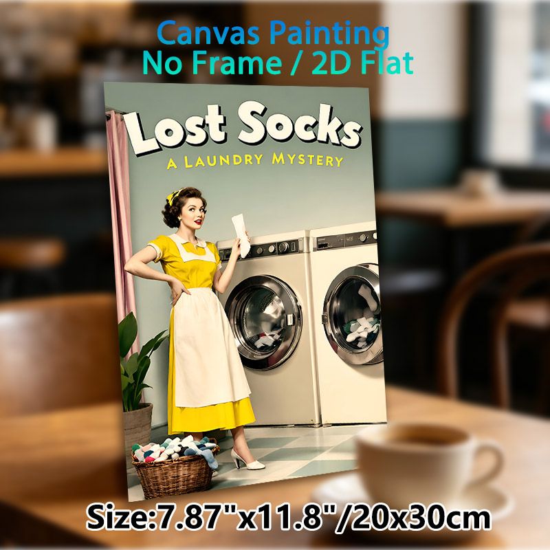Lost Socks Laundry Mystery Painting Poster, Vintage-style Retro Housewife & Laundry Machines Scene Poster, Humorous Whimsical Design, Ideal For_maomaolike.com