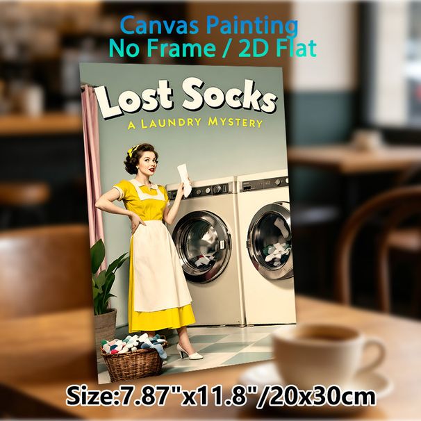 Lost Socks Laundry Mystery Painting Poster, Vintage-style Retro Housewife & Laundry Machines Scene Poster, Humorous Whimsical Design, Ideal For_maomaolike.com