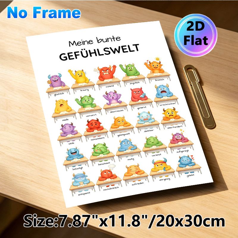 Emotion Themed Painting Poster, Vibrant Watercolor Cute Monster Emotion Chart Poster, Aids In Learning And Recognizing Various Emotions, Suitable For_maomaolike.com