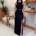 Women's Solid Color Round Neck Sleeveless Top High Waist Slit Skirt Suit_maomaolike.com