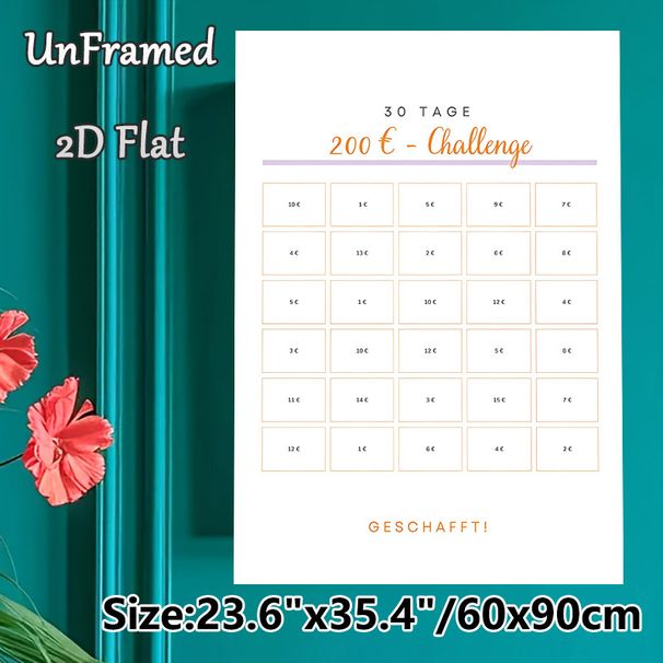30-Day 200€ Savings Challenge Painting Poster, Clean Minimalist Grid Layout Poster, Practical Tool To Track Savings Progress Ideal For Personal Home_maomaolike.com