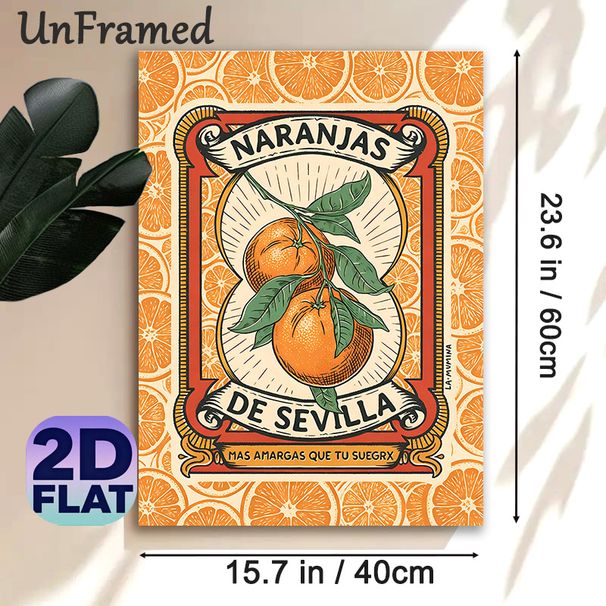 Orange Themed Painting Poster, Vintage Retro Label Style Citrus Poster, Vibrant Nostalgic Orange Branch Design, Ideal For Kitchen And Dining Room_maomaolike.com