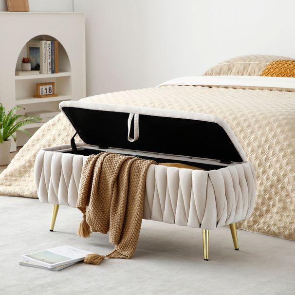 Oval Storage Bench With Gold Legs,Velvet Fabric ,Woven,Upholstered Ottoman Storage Benches For Bedroom End Of Bed,Sherpa Fabric Bench For Living Room,Dining Room,Entryway,Bed Side,BEIGE,5 Colors_maomaolike.com