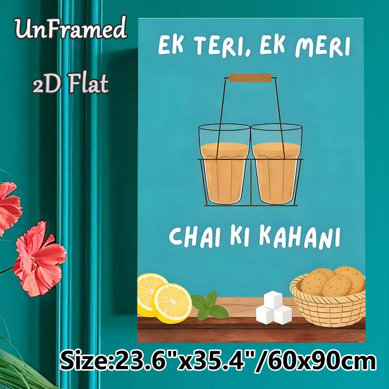 Chai (Indian Tea) Themed Painting Poster, Vibrant Cartoon-style Poster, Warm Cozy Design Featuring Chai Glasses, Cookies And Lemon Slices, Suitable_maomaolike.com