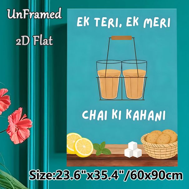 Chai (Indian Tea) Themed Painting Poster, Vibrant Cartoon-style Poster, Warm Cozy Design Featuring Chai Glasses, Cookies And Lemon Slices, Suitable_maomaolike.com