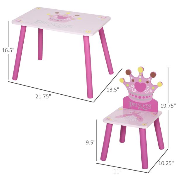 3-Piece Kids Wooden Table And Chair Set With Crown Pattern Gift For Girls Toddlers Arts Reading Writing Age 2-4 Years Pink_maomaolike.com