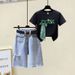 Women's Clothing fashion color matching embroidery short-sleeved T-shirt raw edge hip-wrapped A-line high waist denim skirt_maomaolike.com
