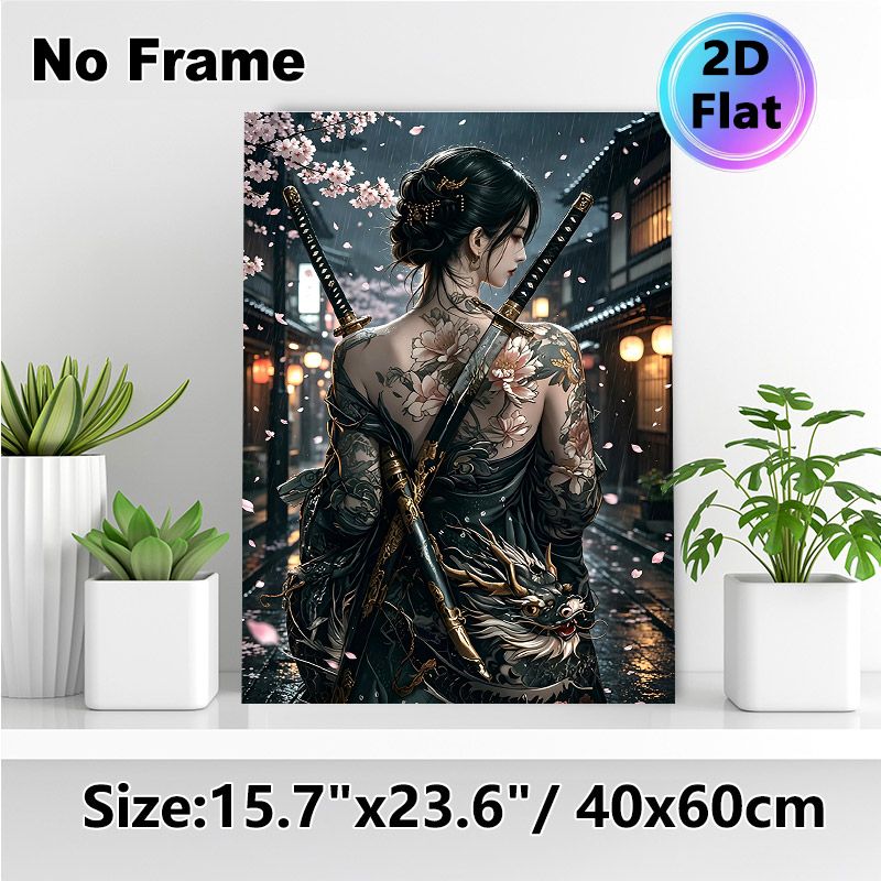 Japanese Female Samurai Painting Poster, Mysterious Dark-toned Anime Style Poster, Artistic Design Featuring Tattooed Warrior, Dual Katanas & Rainy_maomaolike.com