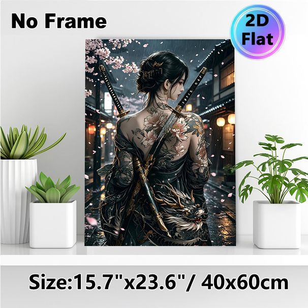 Japanese Female Samurai Painting Poster, Mysterious Dark-toned Anime Style Poster, Artistic Design Featuring Tattooed Warrior, Dual Katanas & Rainy_maomaolike.com